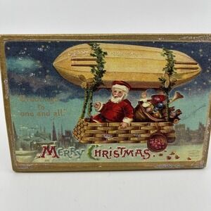 Christmas Postcard 1900s Reprint Handcrafted Wooden Stand‎ Decor Santa Flying